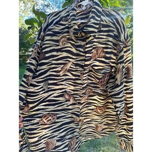 VTG Sunny Leigh Silk Blouse | Black Animal Stripe Button Down with Shells | SZ S